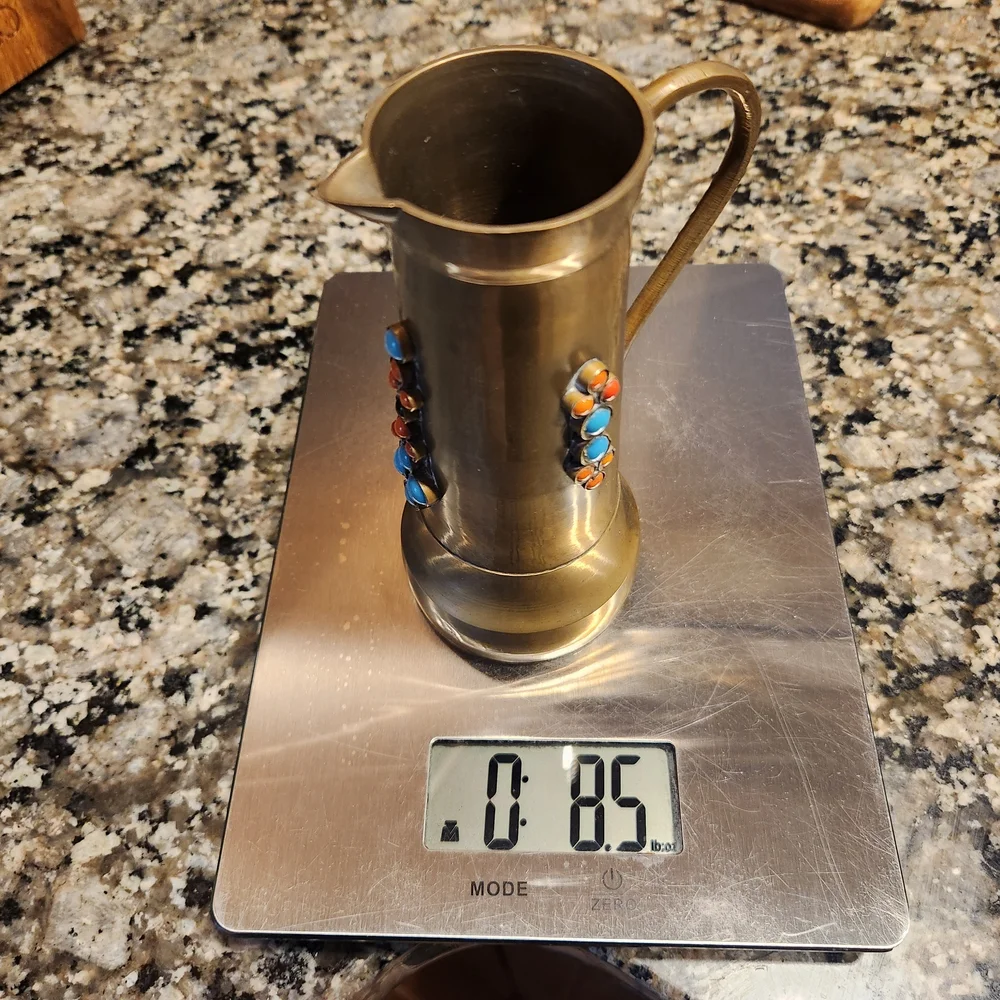 Vintage Brass Pitcher with Turquoise, Red And Black Stones